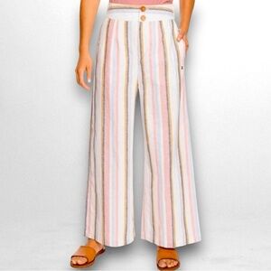 ROXY Wide Leg Striped Sailing Trip Linen Blend High Rise Pants Blue Pink XSmall
